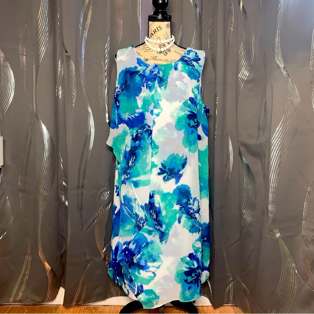 Studio One New York Dress White/ Blue Floral Chiffon Tank MIDI Size 18